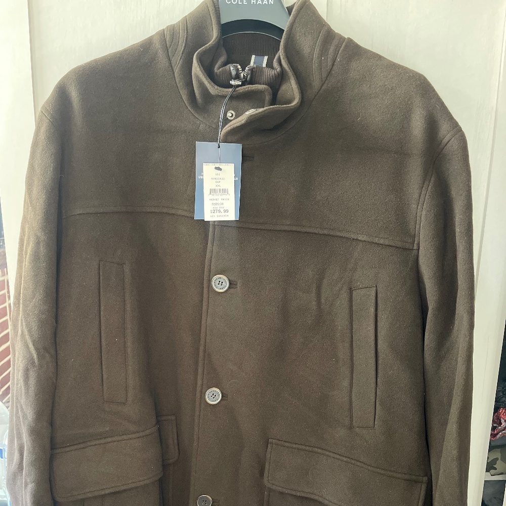 COLE HAAN Men’s XXL Italian Wool Cashmere Blend Topcoat Brown